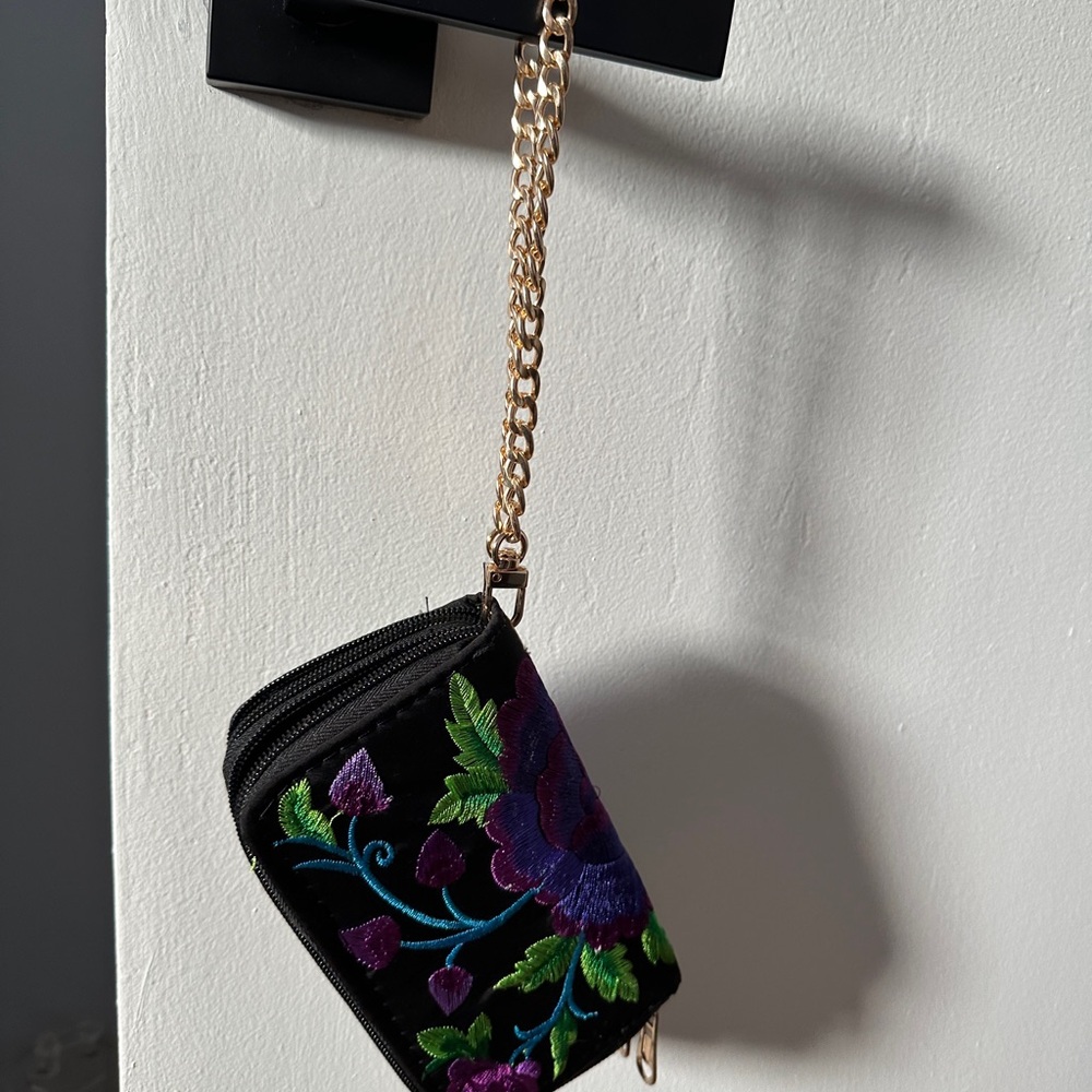 Embroidered Black Floral Women's Wristlet